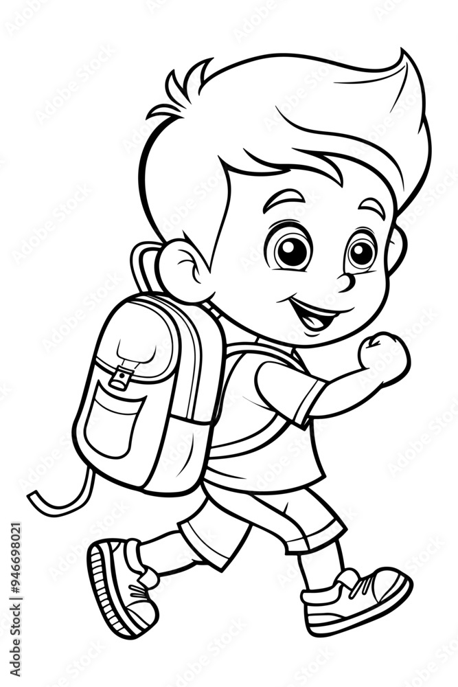 Fototapeta premium Coloring page for kids, a cute boy going to school with a backpack.