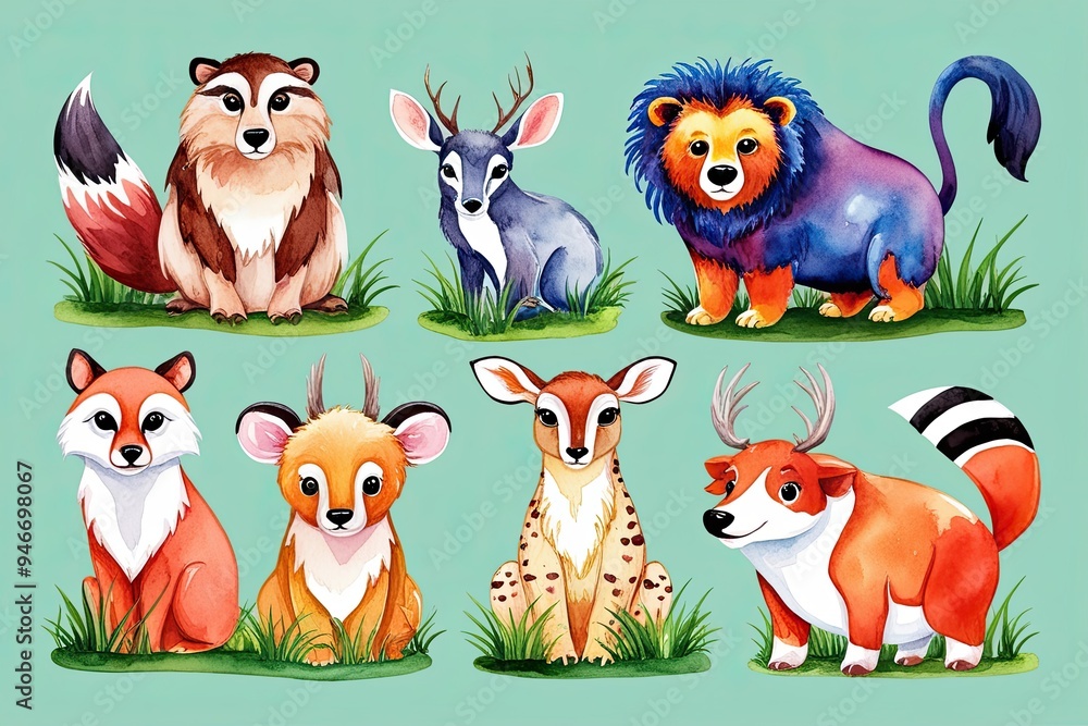 Naklejka premium Playful Watercolor Wildlife Illustration with Vibrant Cartoon Design