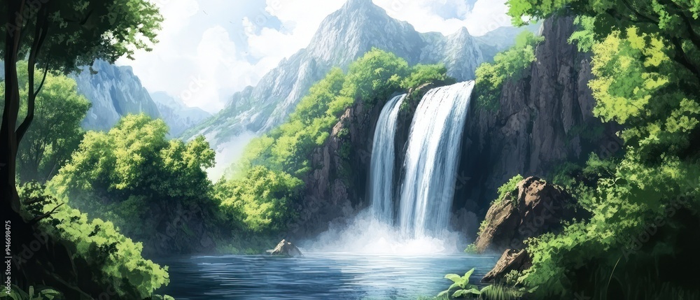 Tranquil Waterfall Cascading Through Lush Mountain Valley Tranquil Waterfall Cascading Through Lush Mountain Valley