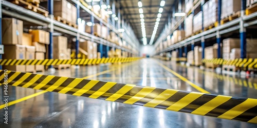 Caution Tape Across Warehouse Aisle, Warehouse , Storage , Safety