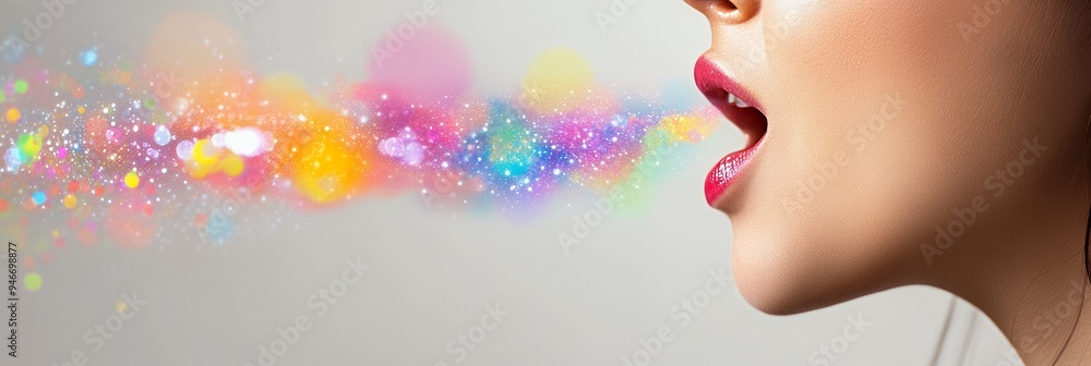 A woman's profile exhaling colorful particles, symbolizing creativity and expression. A woman's profile exhaling colorful particles, symbolizing creativity and expression.