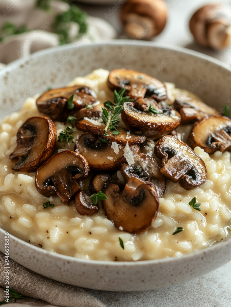 Close-up of creamy mushroom risotto garnished with herbs. Close-up of creamy mushroom risotto garnished with herbs.