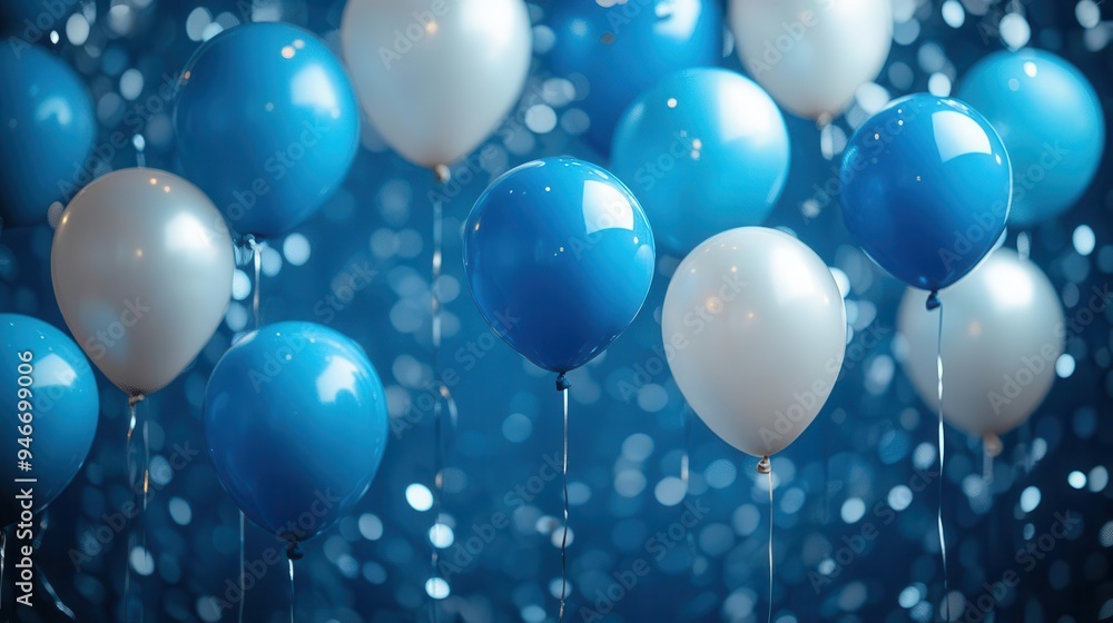 elegant party scene with cascading blue balloons in various shades soft lighting creates a dreamy atmosphere with silver streamers and confetti adding sparkle