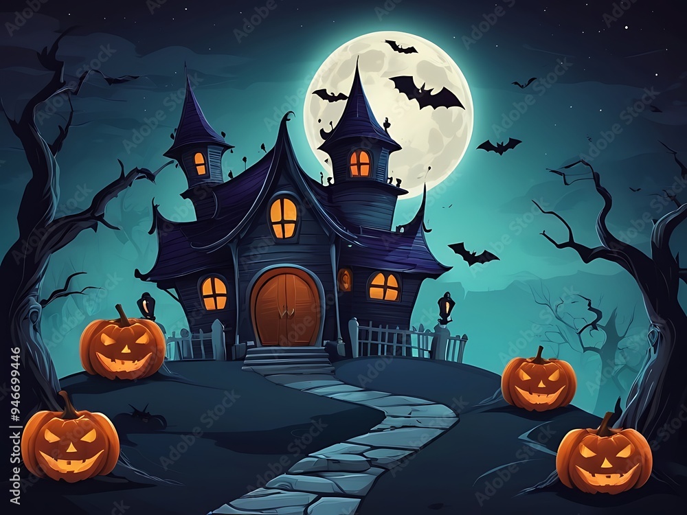 Fototapeta premium Spooky Halloween Background with Haunted House, Evil Pumpkins, and Full Moon Night Scene.
