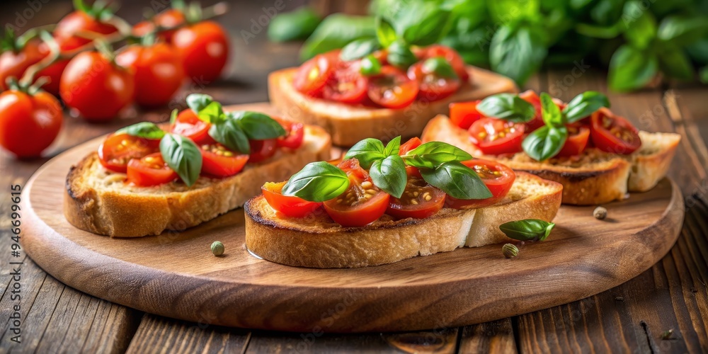 Close-up of Bruschetta with Tomatoes and Basil on Wooden Board, Italian Cuisine, Appetizer, Food Styling, , Bruschetta, Italian Close-up of Bruschetta with Tomatoes and Basil on Wooden Board, Italian Cuisine, Appetizer, Food Styling, , Bruschetta, Italian