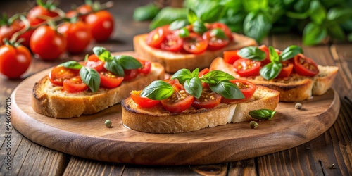 Close-up of Bruschetta with Tomatoes and Basil on Wooden Board, Italian Cuisine, Appetizer, Food Styling, , Bruschetta, Italian