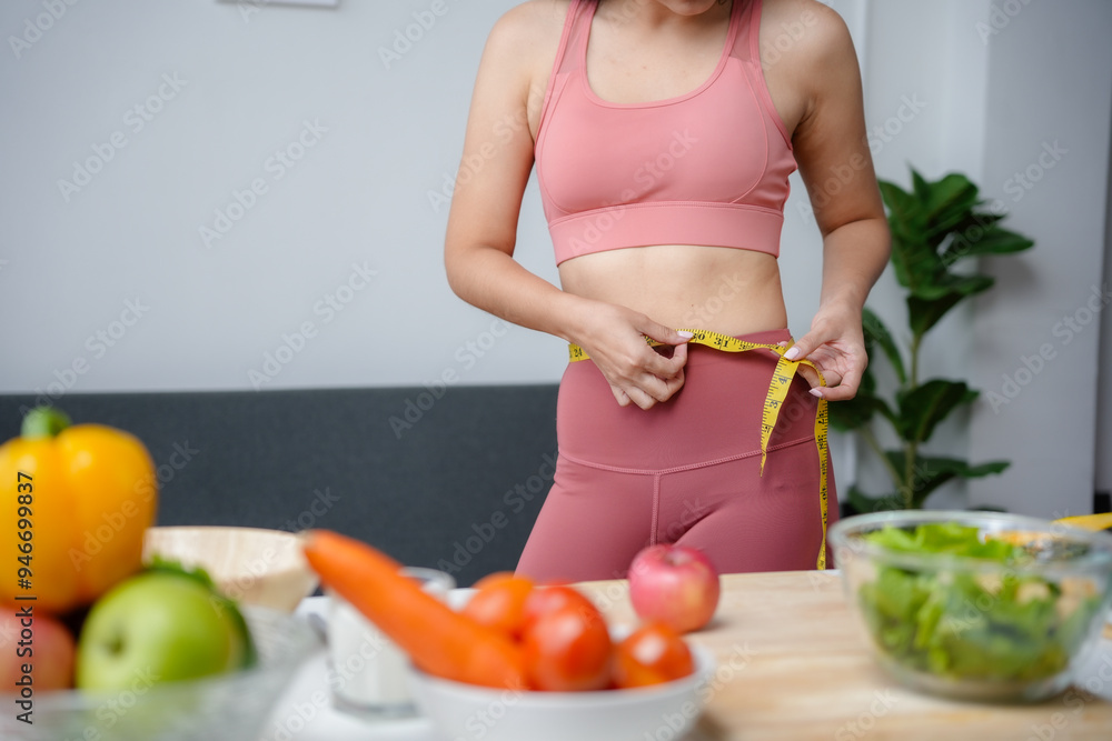 Young woman is measuring her waistline with a tape measure while standing at a table with fresh vegetables Young woman is measuring her waistline with a tape measure while standing at a table with fresh vegetables