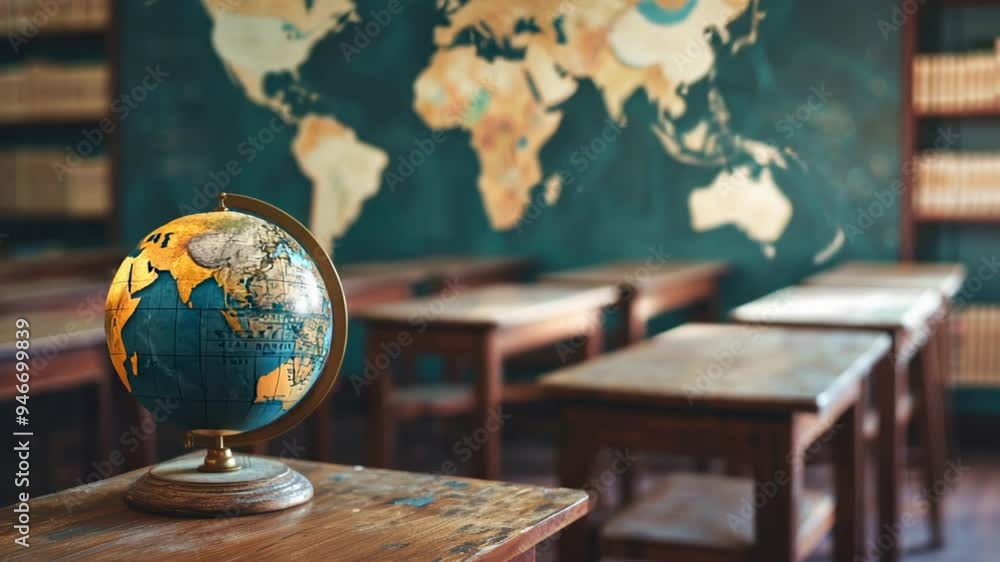 A globe sits on a table in front of a classroom wall with a map. The ...