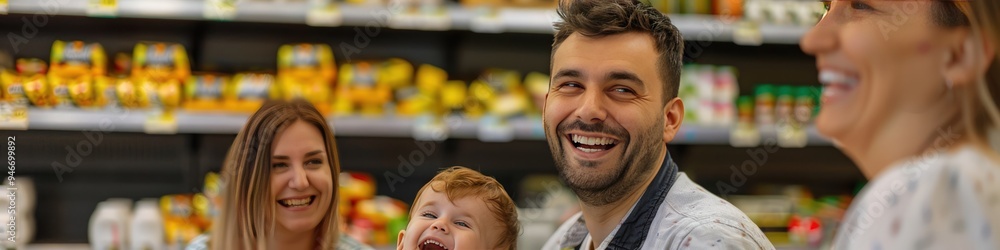 Smiling father with child in supermarket trolley, mother looking for products, laughing, grocery store setting. Smiling father with child in supermarket trolley, mother looking for products, laughing, grocery store setting.