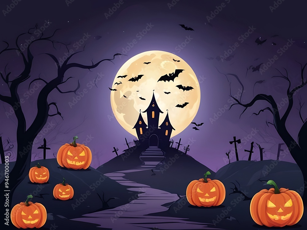 Fototapeta premium Spooky Halloween Background with Haunted House, Evil Pumpkins, and Full Moon Night Scene.
