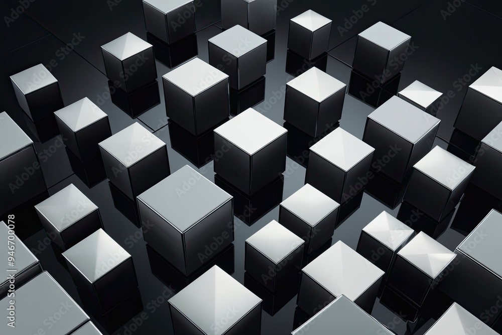 Modern Geometric Cubes in a Three Dimensional Luxury Arrangement Against a Glossy Black Background Modern Geometric Cubes in a Three Dimensional Luxury Arrangement Against a Glossy Black Background