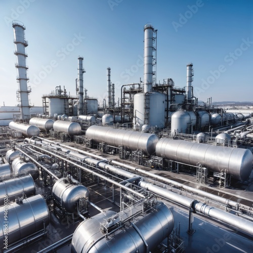 wide-angle view of an industrial oil refinery complex 