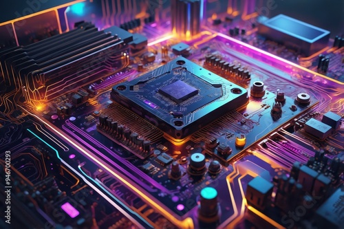 futuristic digital motherboard with glowing neon elements 