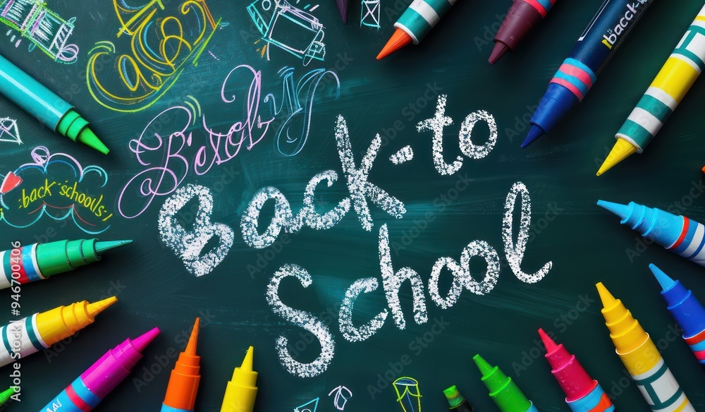 Dark teal chalkboard with vibrant crayons and markers, back-to-school written in white chalk Perfect for educational banners Dark teal chalkboard with vibrant crayons and markers, back-to-school written in white chalk Perfect for educational banners