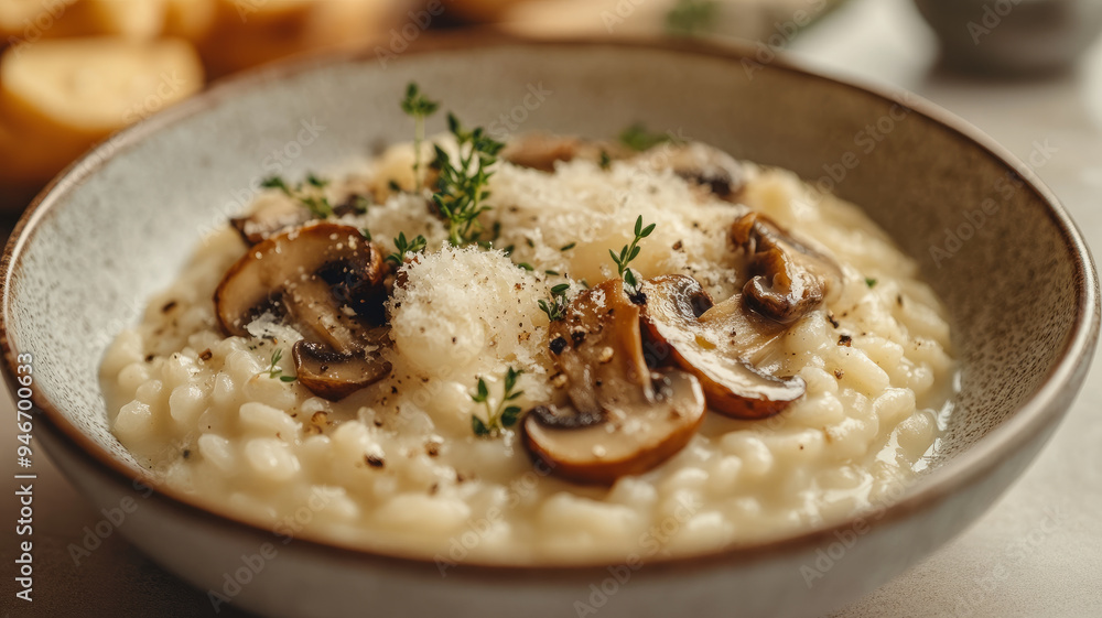 A bowl of creamy mushroom risotto garnished with herbs. A bowl of creamy mushroom risotto garnished with herbs.