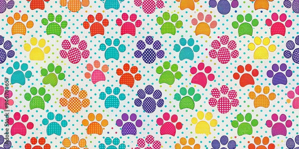 Colorful Polka Dot Paw Prints Seamless Pattern, Digital Art, Paw Print Pattern, White Background, Dog, Cat, Pet Colorful Polka Dot Paw Prints Seamless Pattern, Digital Art, Paw Print Pattern, White Background, Dog, Cat, Pet