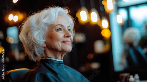 Elegant senior woman with stylish silver hair enjoying a peaceful moment in a modern salon atmosphere.