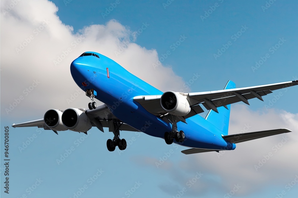 Obraz premium Striking Blue Cargo Plane in Descent: A 3D Representation of Logistics and Aeronautical Mechanics