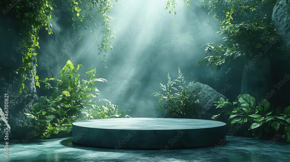 emerald podium floating in misty forest ethereal light beams organic curves natureinspired cosmetic display delicate leaf shadows soft focus emerald podium floating in misty forest ethereal light beams organic curves natureinspired cosmetic display delicate leaf shadows soft focus