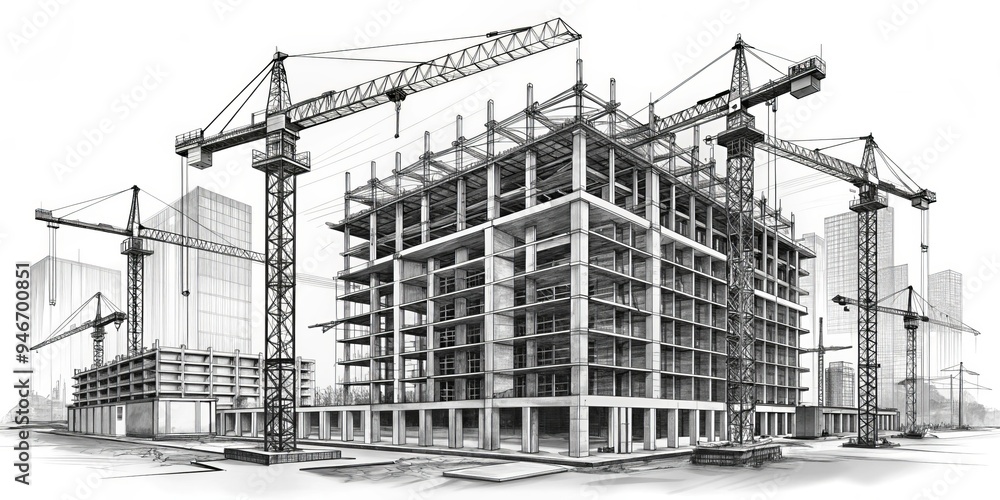 Construction Cranes and Urban Development, Sketch, Architecture, Urban Planning Construction Cranes and Urban Development, Sketch, Architecture, Urban Planning