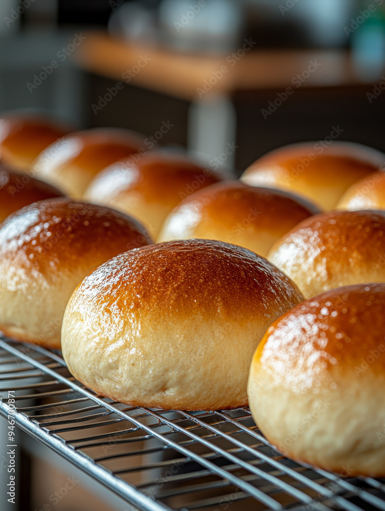 Freshly baked buns cooling on a rack in a kitchen. Freshly baked buns cooling on a rack in a kitchen.