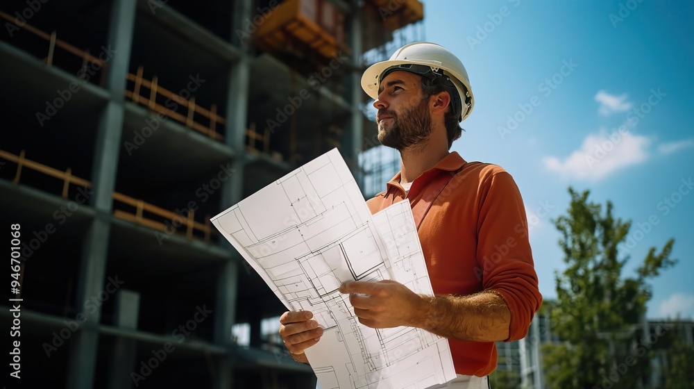 A construction worker reviewing blueprints on a job site, showcasing dedication to safety and project management. A construction worker reviewing blueprints on a job site, showcasing dedication to safety and project management.