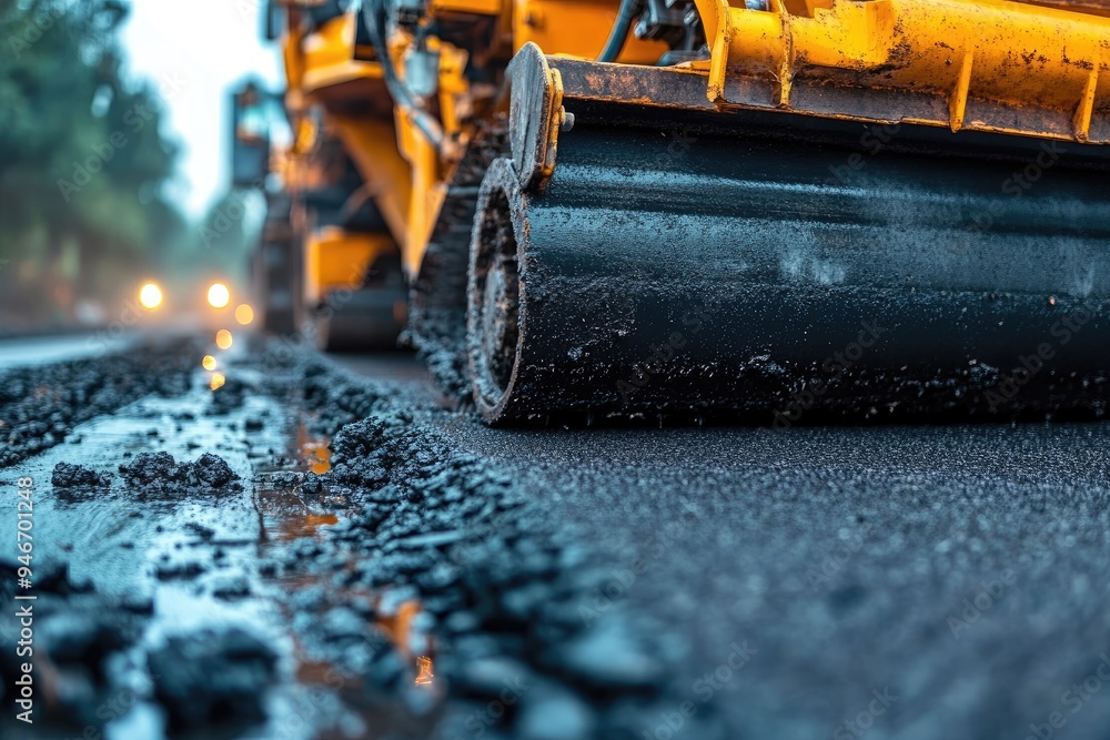 Close-up shot of asphalt roller. A powerful machine used to compact asphalt pavement for smooth, durable roads. Close-up shot of asphalt roller. A powerful machine used to compact asphalt pavement for smooth, durable roads.