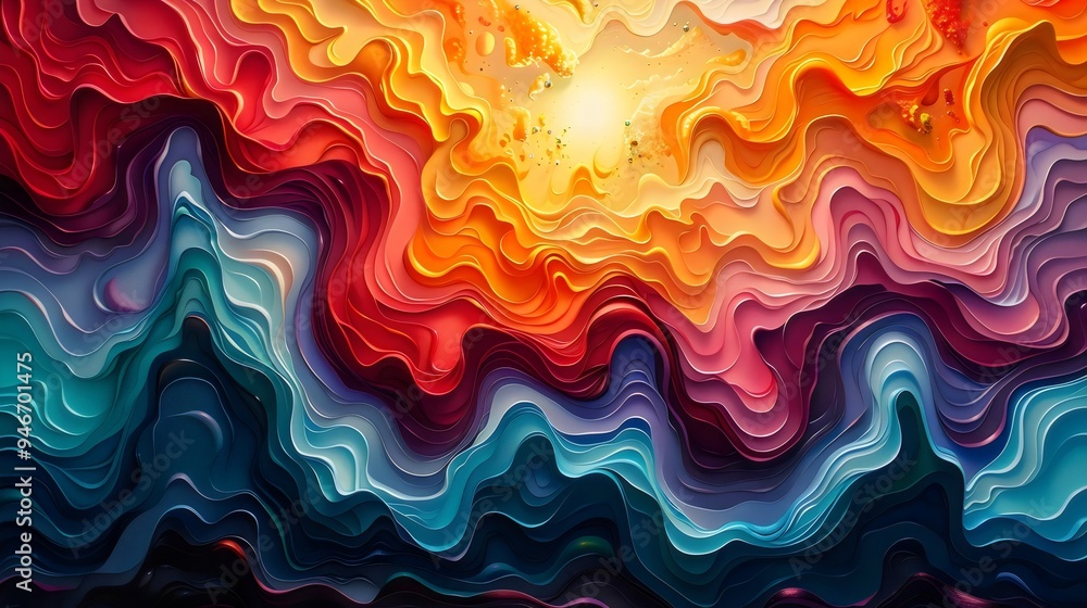 A colorful painting of a wave with a sun in the middle A colorful painting of a wave with a sun in the middle