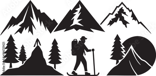 Mountains, forest, Hike, travel landscape vector black on white background