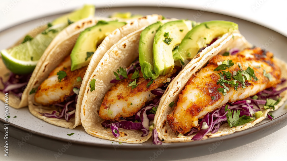 Fish tacos with avocado, lime, and garnish on a plate. Fish tacos with avocado, lime, and garnish on a plate.