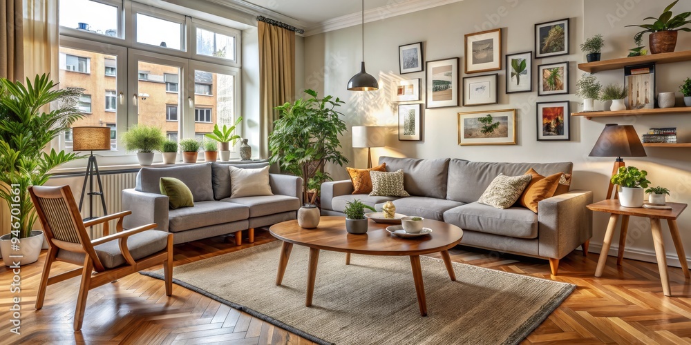 Cozy Living Room with Gray Sofa and Plants, Wide Shot, Interior Design, Home Decor, Living Room Design, Plant Decor, Interior Design Cozy Living Room with Gray Sofa and Plants, Wide Shot, Interior Design, Home Decor, Living Room Design, Plant Decor, Interior Design