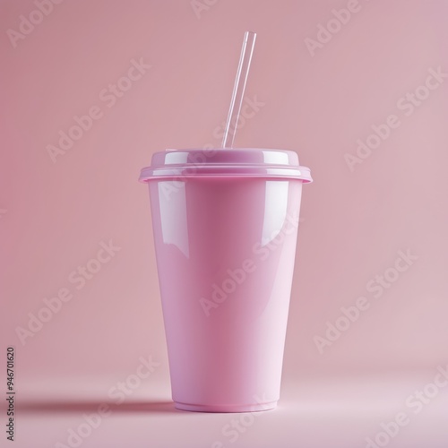 pink plastic cup with straw on matching background 