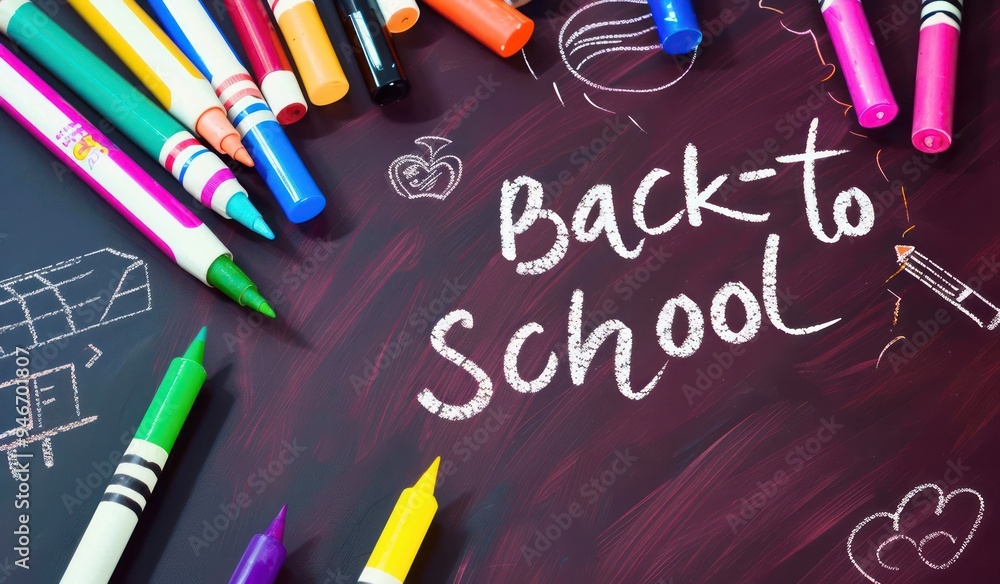 Deep maroon chalkboard, crayons and markers, back-to-school written in white chalk Perfect for educational social media posts Deep maroon chalkboard, crayons and markers, back-to-school written in white chalk Perfect for educational social media posts