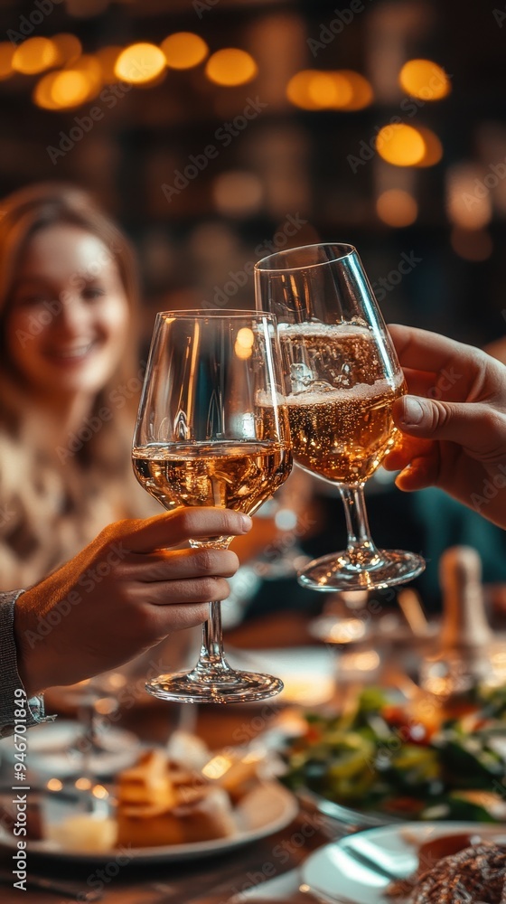 A group of young professionals joyfully toasts with sparkling drinks at a festive dinner marking their recent job success A group of young professionals joyfully toasts with sparkling drinks at a festive dinner marking their recent job success