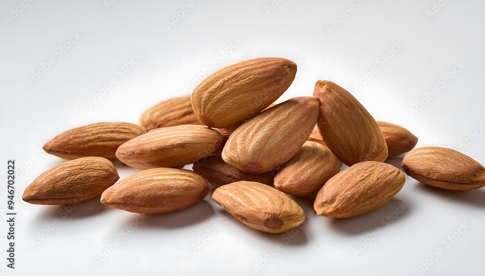 A handful of almonds scattered across a white background A handful of almonds scattered across a white background
