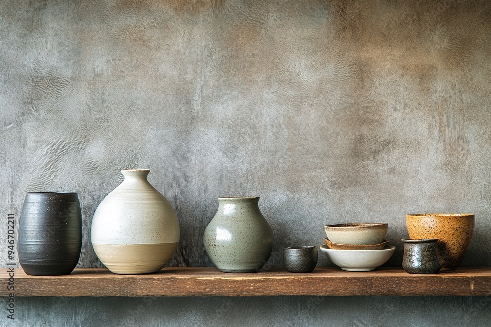 Ceramic vases and bowls on shelf, rustic style Ceramic vases and bowls on shelf, rustic style