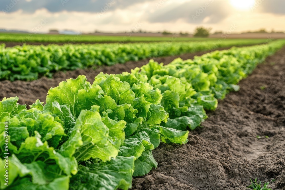 A row of fresh lettuce growing in a field. This photo is ideal for illustrating agriculture, food production, or healthy eating. A row of fresh lettuce growing in a field. This photo is ideal for illustrating agriculture, food production, or healthy eating.