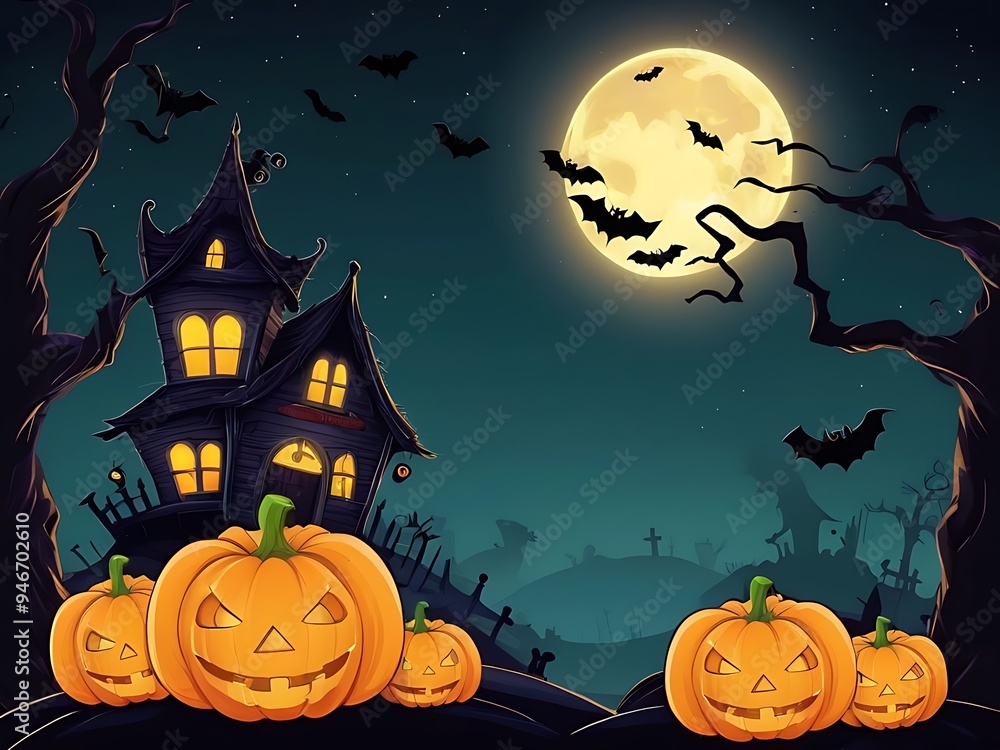 Spooky Halloween Background with Haunted House, Evil Pumpkins, and Full Moon Night Scene. Spooky Halloween Background with Haunted House, Evil Pumpkins, and Full Moon Night Scene.