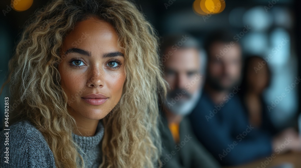 Confident Woman in Focus: A captivating portrait of a young woman with long, curly blonde hair, her gaze directed at the camera, exudes confidence and allure. Confident Woman in Focus: A captivating portrait of a young woman with long, curly blonde hair, her gaze directed at the camera, exudes confidence and allure.