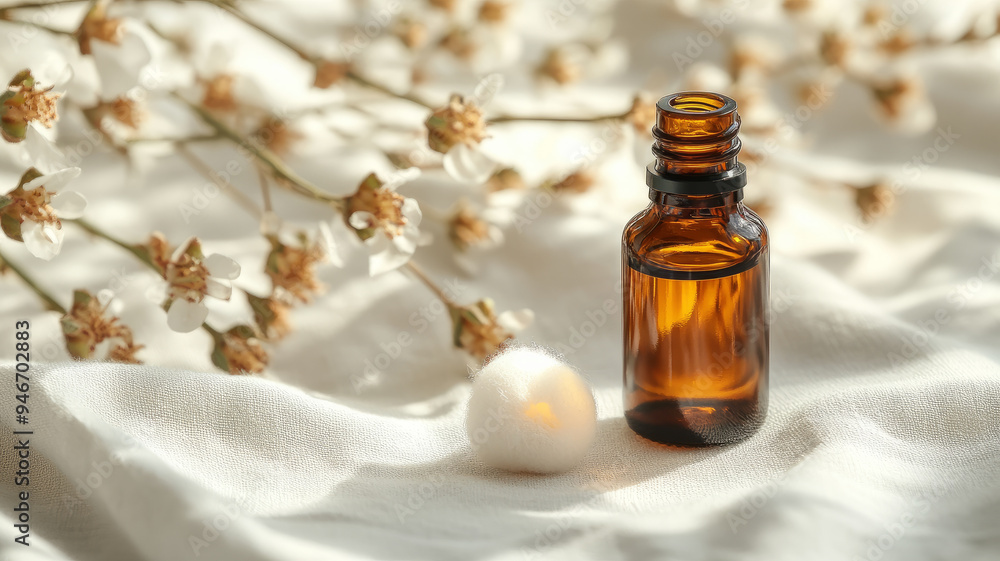 A brown glass bottle of essential oil with flowers and soft light. A brown glass bottle of essential oil with flowers and soft light.