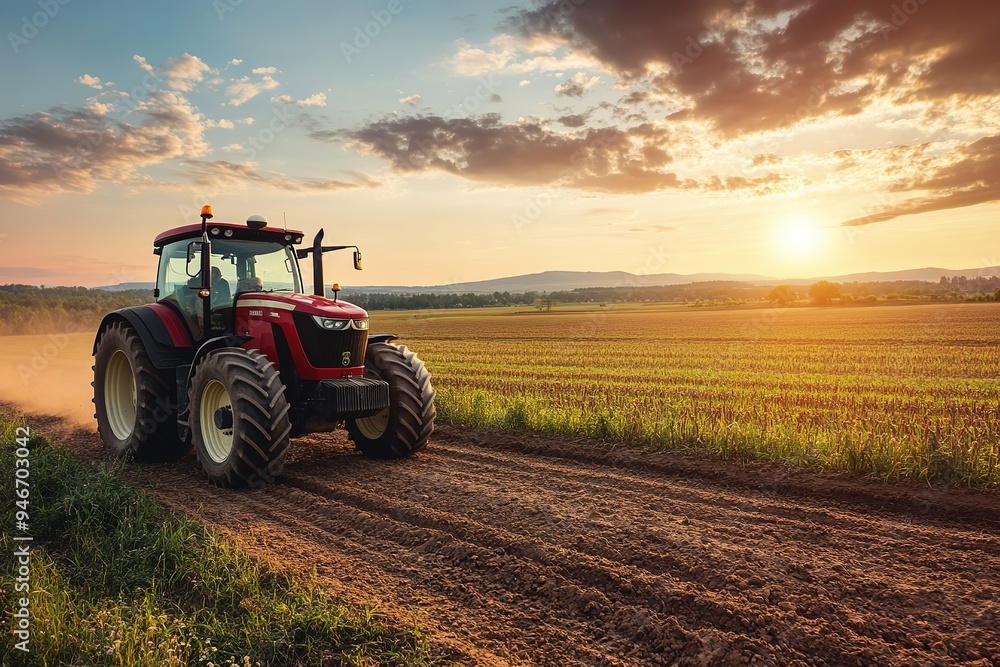 Red tractor plowing field at sunset, rural landscape Red tractor plowing field at sunset, rural landscape
