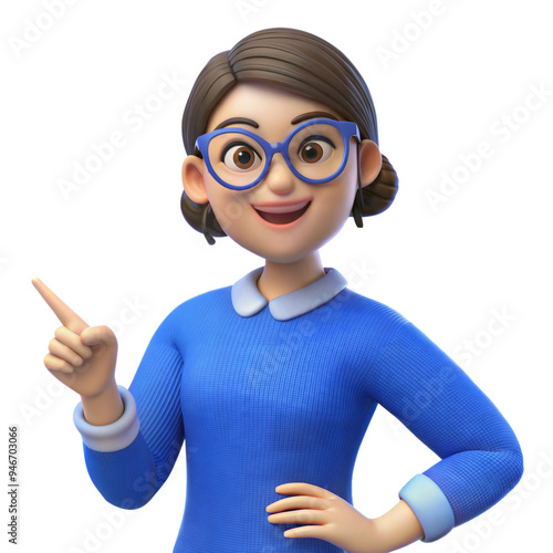 3D Animated Woman Wearing Blue Sweater Points to the Right