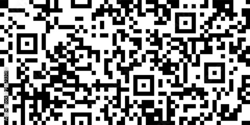 Black and white QR code seamless pattern with chaotic squares. Encoded binary message for scan by phone. Vector monochrome tech background