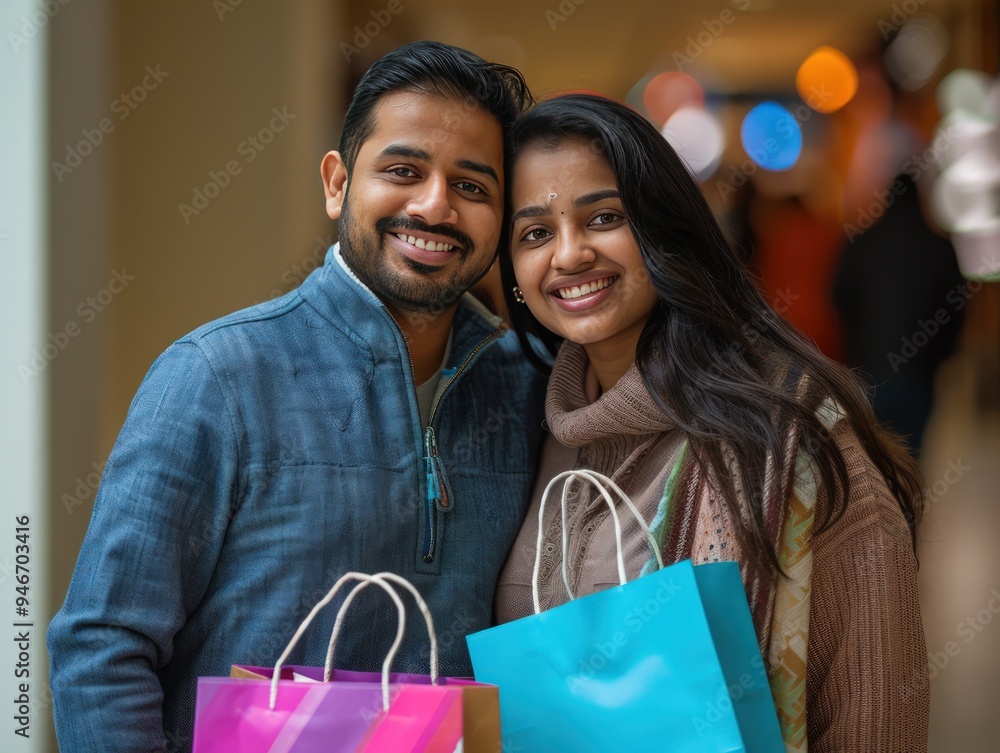 Smiling Indian couple, shopping bags at mall, Sony Alpha A7 III, portrait photography, romanticized realism, happy and attractive. Smiling Indian couple, shopping bags at mall, Sony Alpha A7 III, portrait photography, romanticized realism, happy and attractive.