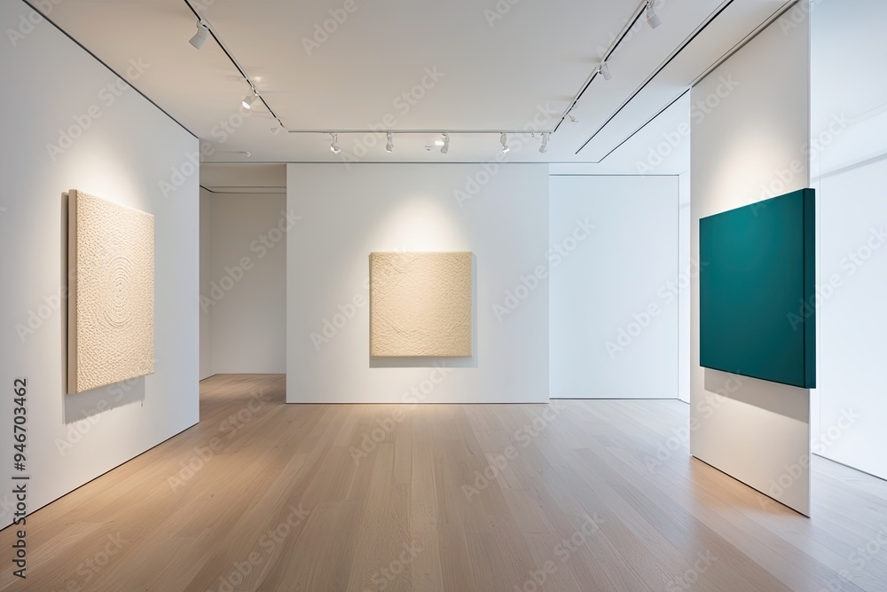 Chic Gallery Space Showcasing Timeless Cream Canvas Art with Minimalist FlairStunning Teal Canvas in a Bright Gallery Room with Striking Minimalist Decor and Innovative Art Concepts