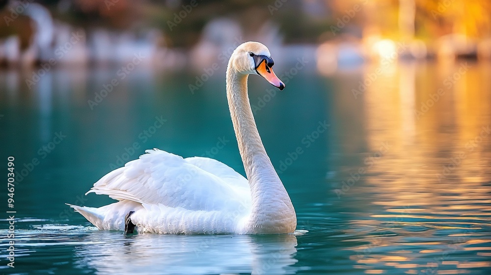 Fototapeta premium Large white swan on lake next to green grass and forest