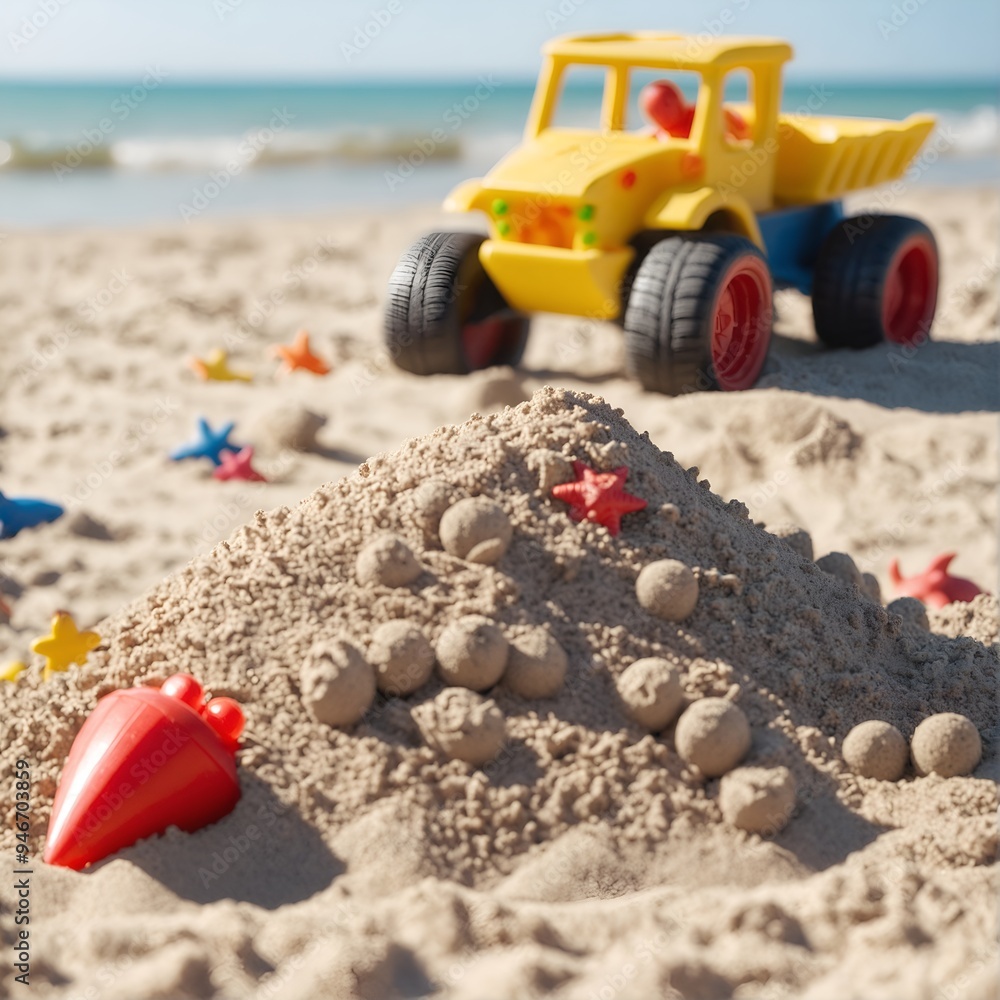 Heap sand with plastic toys at the beach, Summer seaside vacation concept Heap sand with plastic toys at the beach, Summer seaside vacation concept