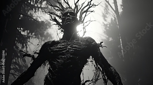 A scary monster in a dark forest. A frightening image of a creepy creature.