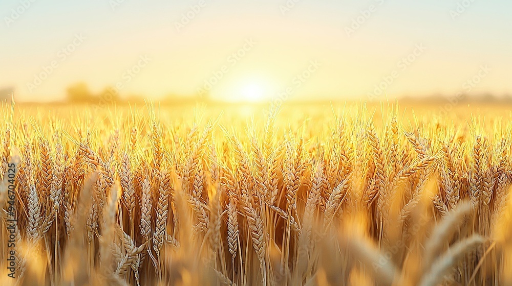 A field of wheat is shown with the sun setting in the background A field of wheat is shown with the sun setting in the background