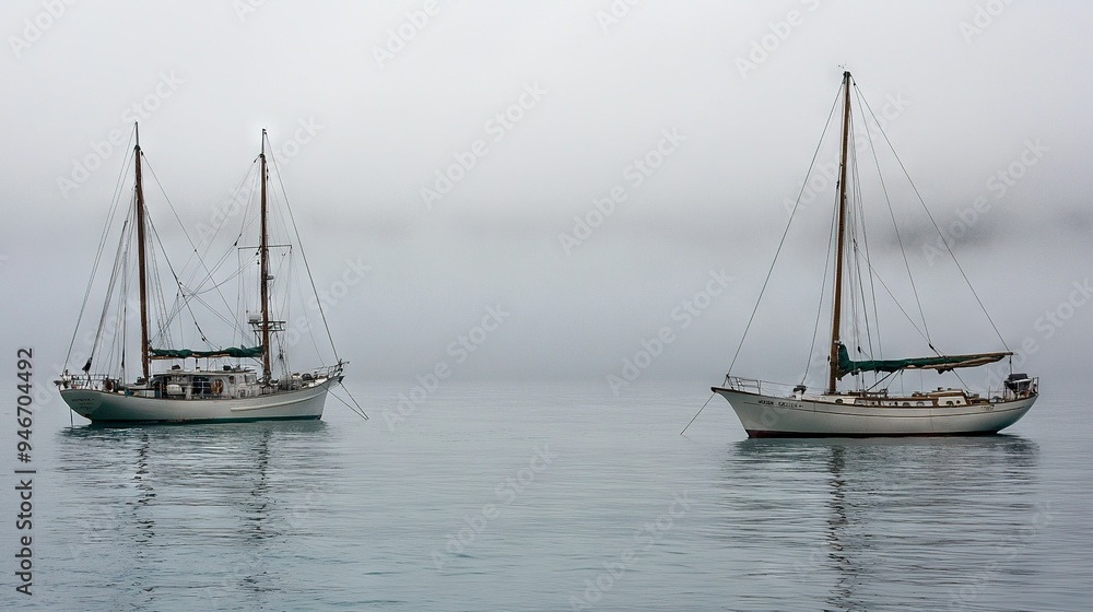 A pair of vessels bobbing atop a vast expanse of H2O amidst a gloomy atmosphere A pair of vessels bobbing atop a vast expanse of H2O amidst a gloomy atmosphere
